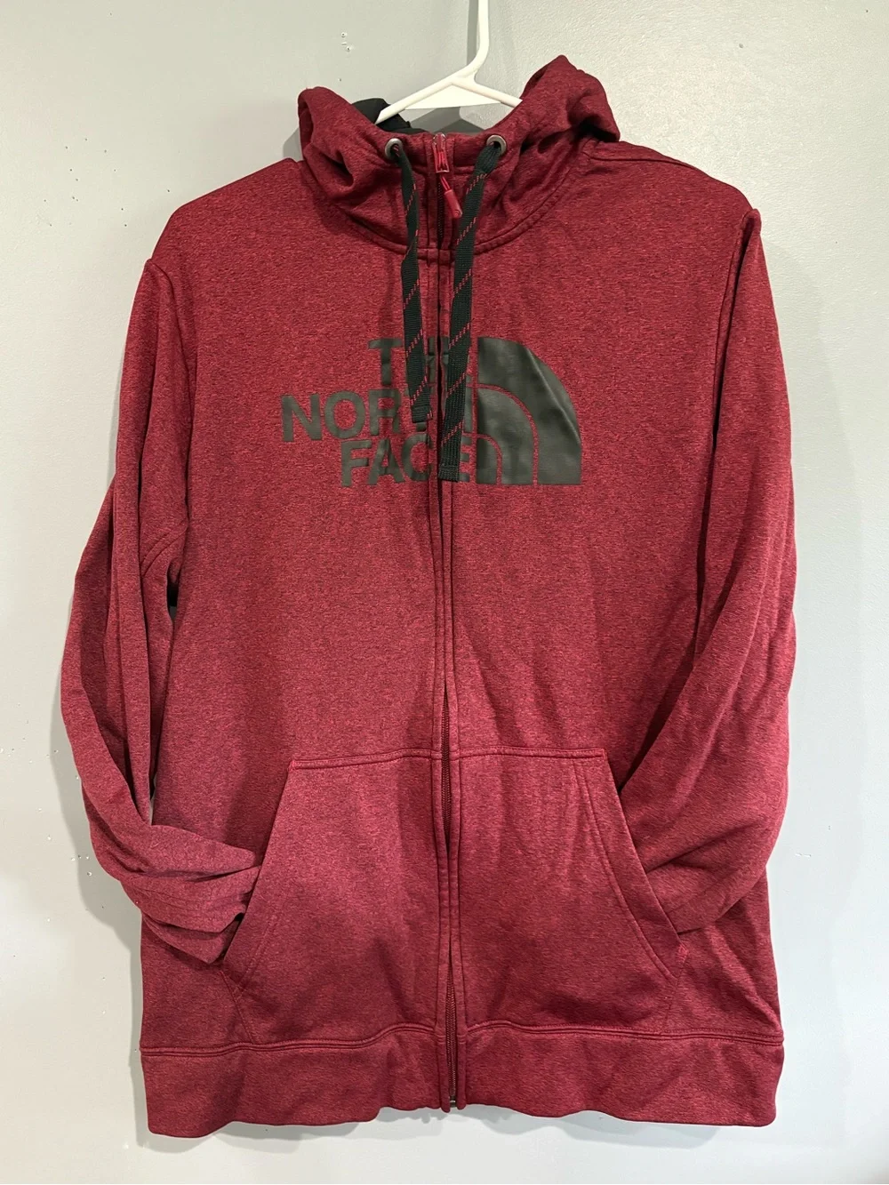 The North Face Mens Large Burgundy Fleece Full Zip Hoodie Logo Thumb Holes